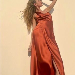 Juniper Tulip Hem Sleeveless Asymmetric Neck A-Line Satin Gown NWOT